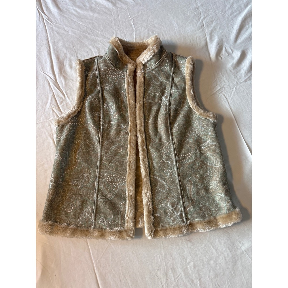 Unbranded Paisley Faux Fur Lined Vest Womens M Green Tan Excellent Boho Trim